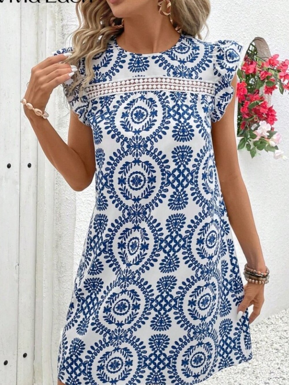Vivid Eden L Summer Womens Round Neck Cap Sleeve Dress Lace Patchwork A Line - Picture 3 of 15